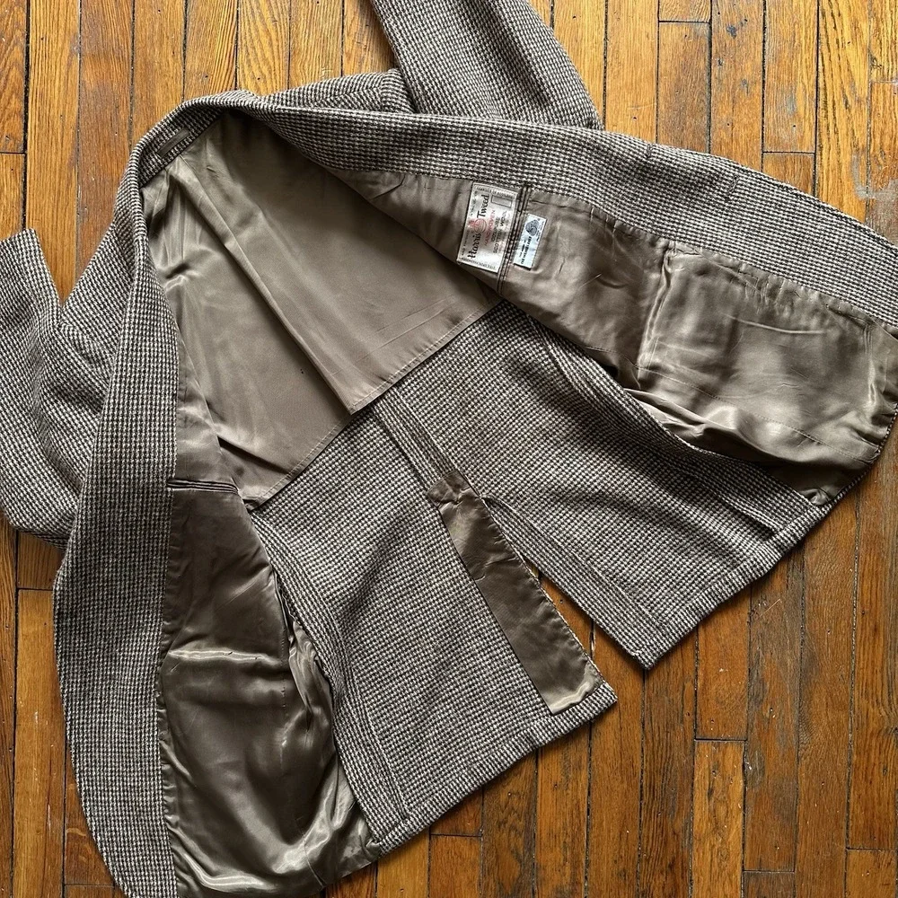Vtg Harris Tweed Blazer Sport Coat Jacket Ivy Hunting Country Beige Brown L‎ 44